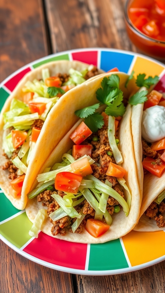 Pita bread tacos filled with ground meat, lettuce, tomatoes, cheese, and sour cream on a colorful plate.